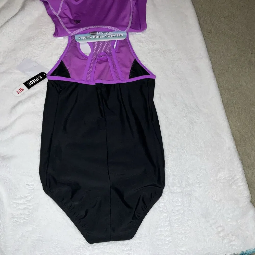 ZEROXPOSUR YOUTH GIRLS SWIM SET 2-PCS SWIM SET SIZE L 14 PURPLE & BLACK BRANDNEW